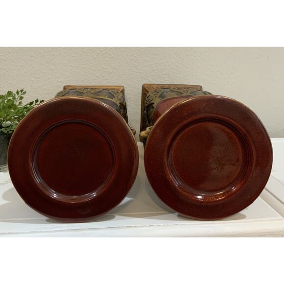 Vtg Ceramic Ornate Burgundy Red Black Gold Acanthus Leaf Pillar Candle Holders - Picture 7 of 8